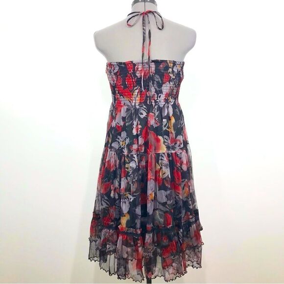 Lapis Dark Floral Whimsigoth Tiered Ruffle Smocked Versatile Halter Dress Skirt - Picture 2 of 16